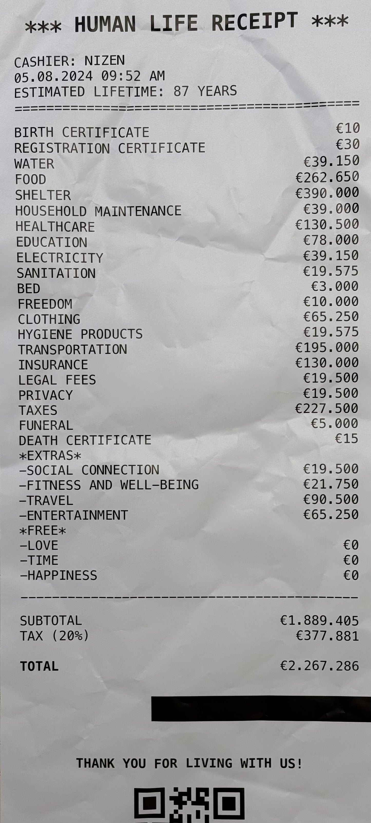 HUMAN LIFE RECEIPT (60x180)