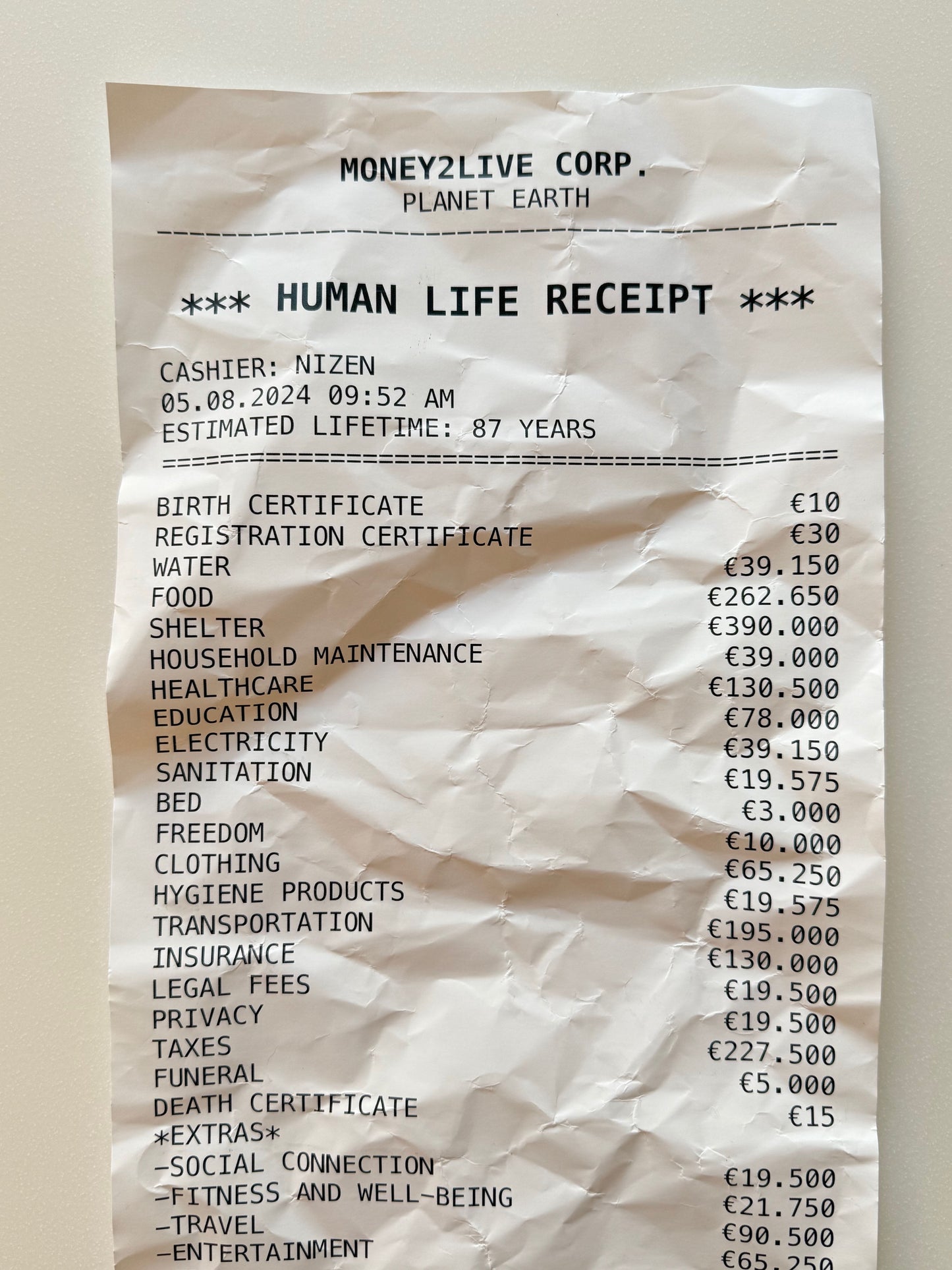 HUMAN LIFE RECEIPT